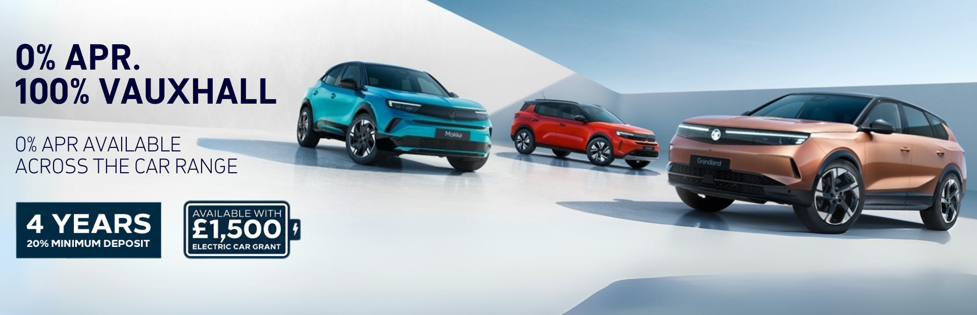 Vauxhall cars with 0% APR offer and £1,500 electric car grant displayed.