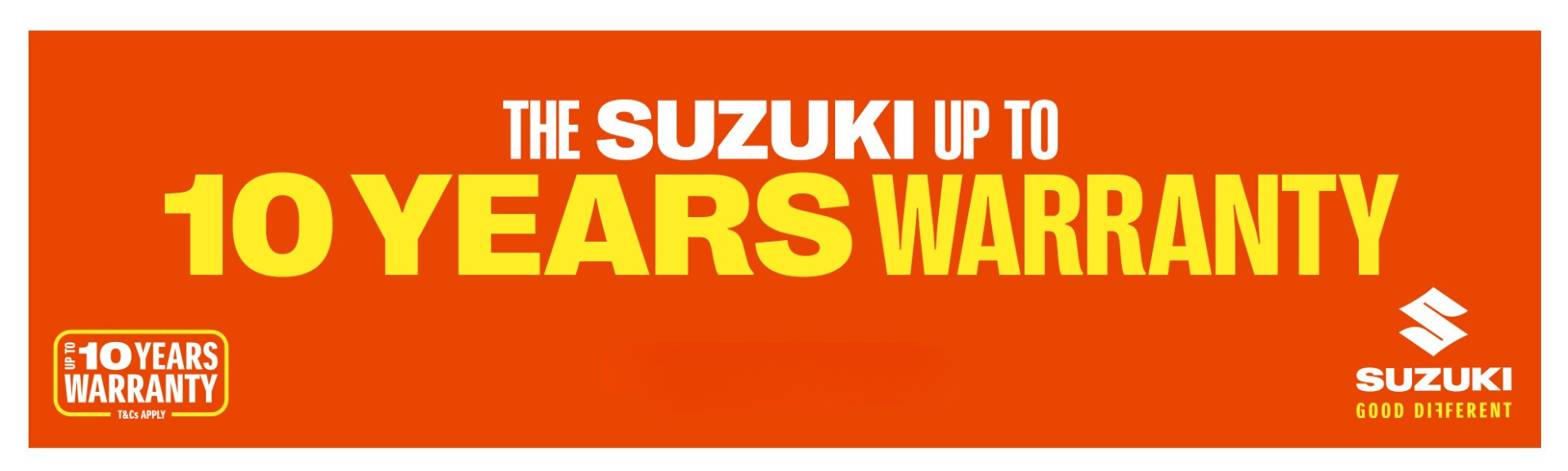 Suzuki offers up to 10 years warranty, with logo in bottom right corner.