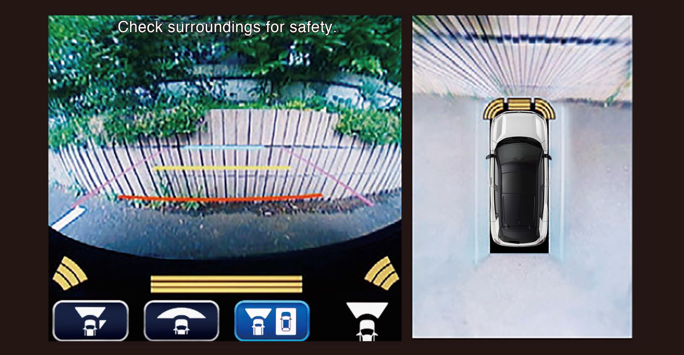Car parking assist display with rear-view camera and top-down view.