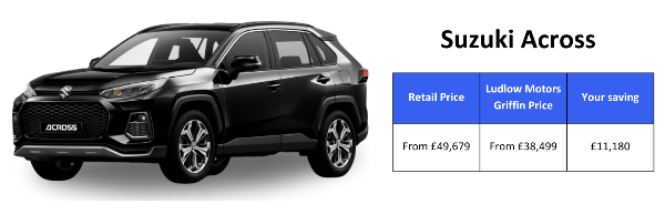 Black Suzuki Across SUV with pricing information displayed alongside.