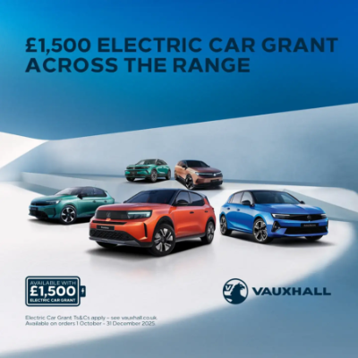 Vauxhall electric cars with £1,500 grant offer text displayed.