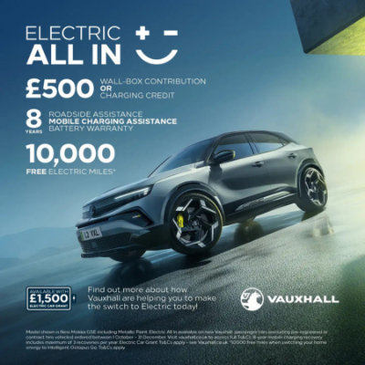 Vauxhall electric car with text about offers, warranty, and assistance benefits.