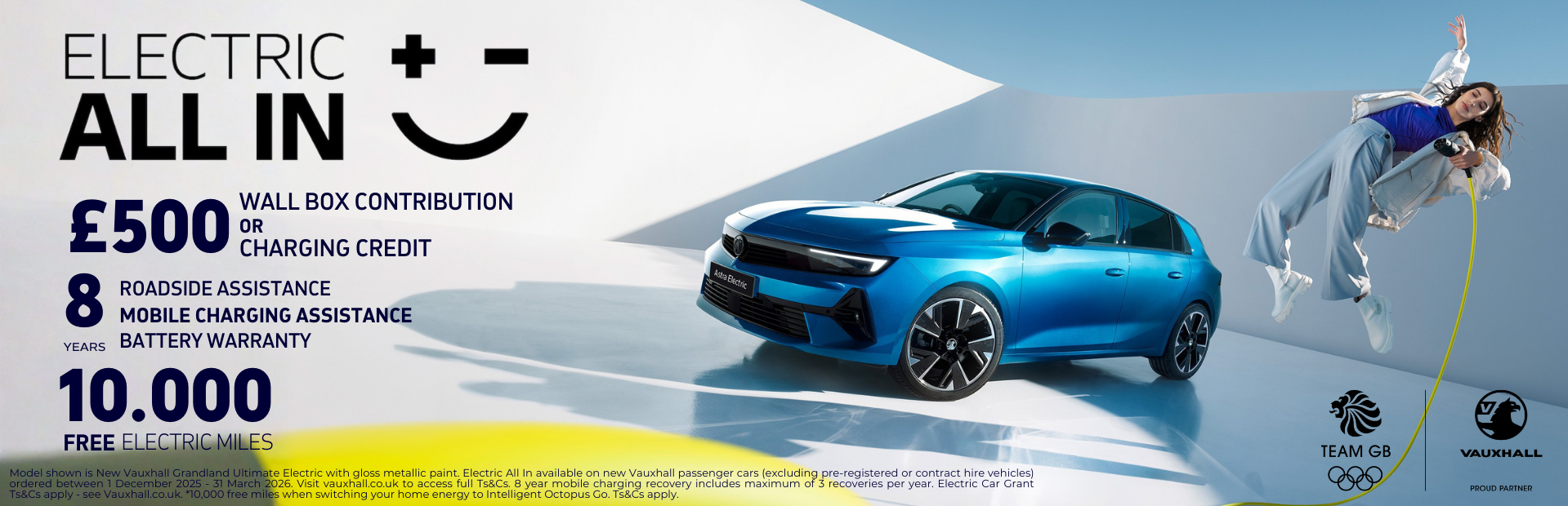 Blue electric car with promotional text about charging credit and warranty benefits.