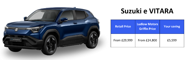 Blue Suzuki e Vitara next to a pricing table showing savings of £5,599.