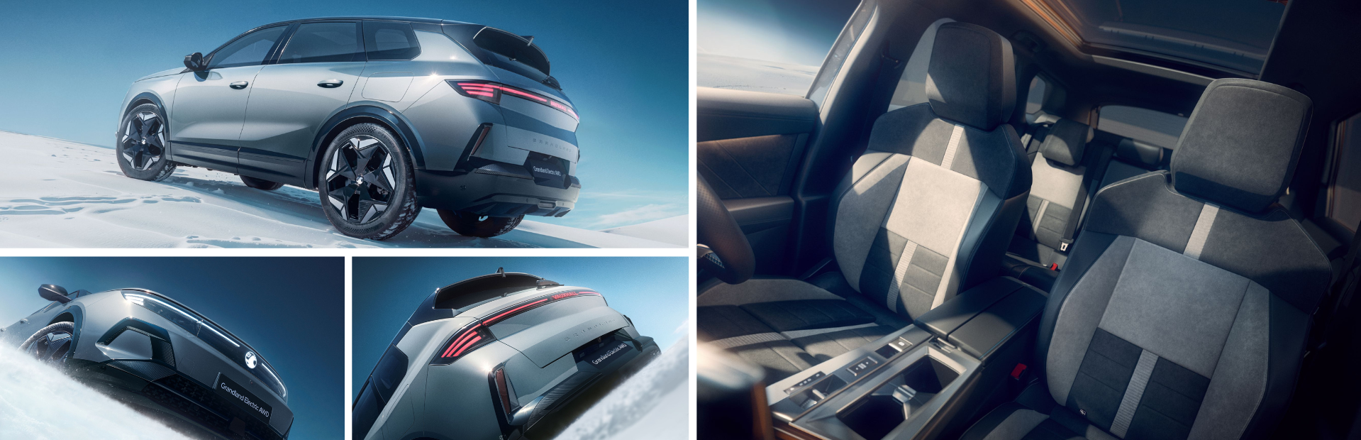 Electric SUV with sleek design and spacious interior shown on various angles.