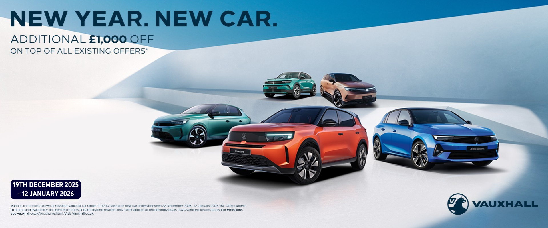 Vauxhall cars including a red SUV and a blue electric model, with promotional text above.