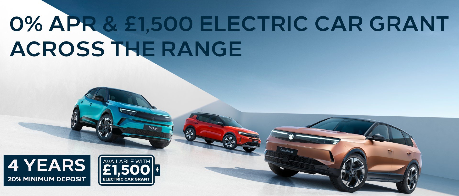 Electric SUVs with 0% APR and £1,500 grant offer displayed in a promotional image.