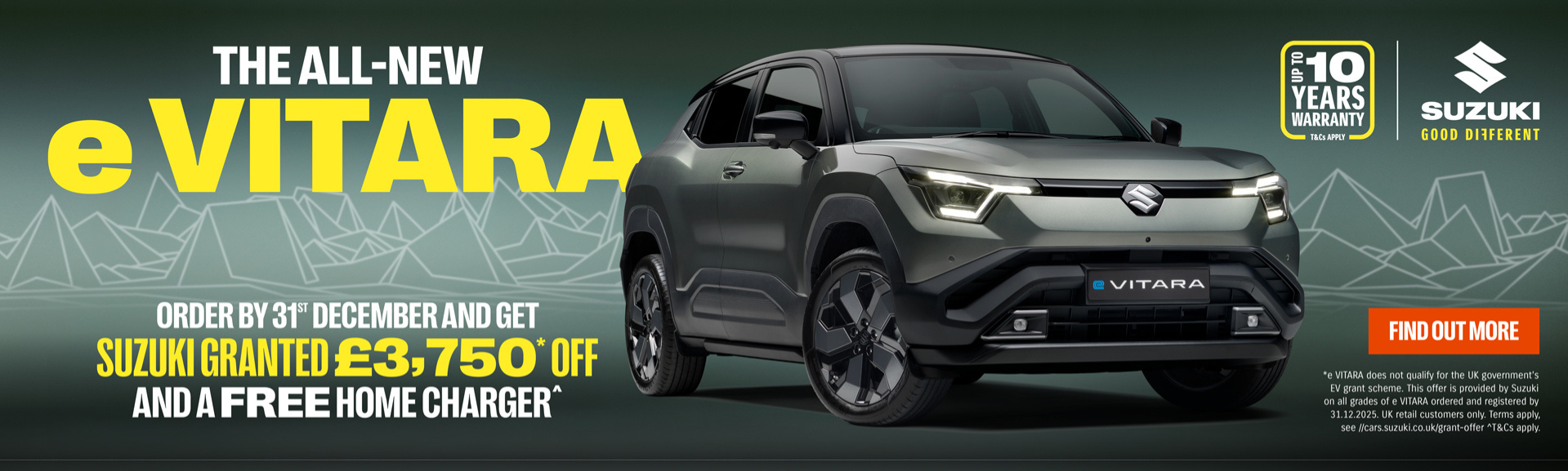 All-new Suzuki eVitara SUV ad with offer and warranty details.