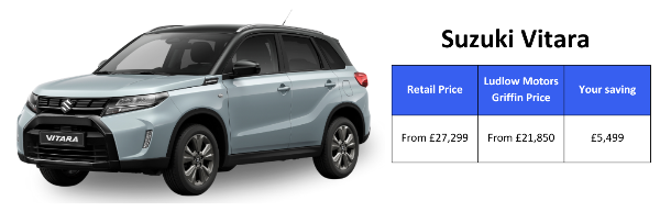 Suzuki Vitara car with pricing table showing savings at Ludlow Motors.