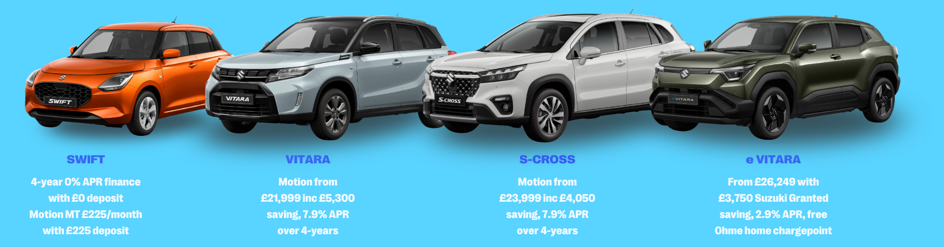 Four cars displayed with pricing and finance options listed below each.