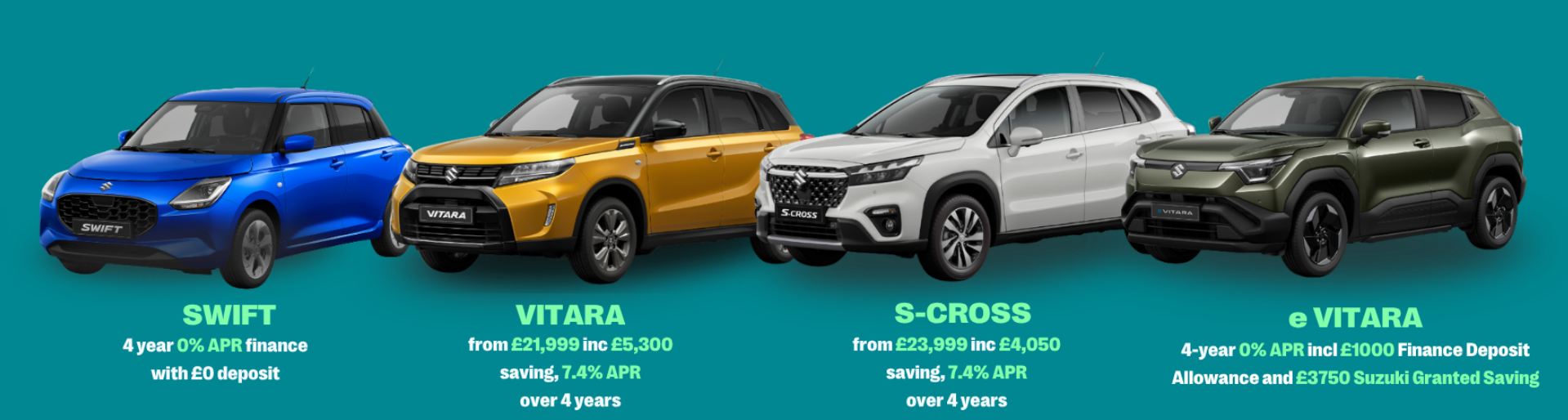 Four Suzuki cars: Swift, Vitara, S-Cross, and e-Vitara with finance details below each.