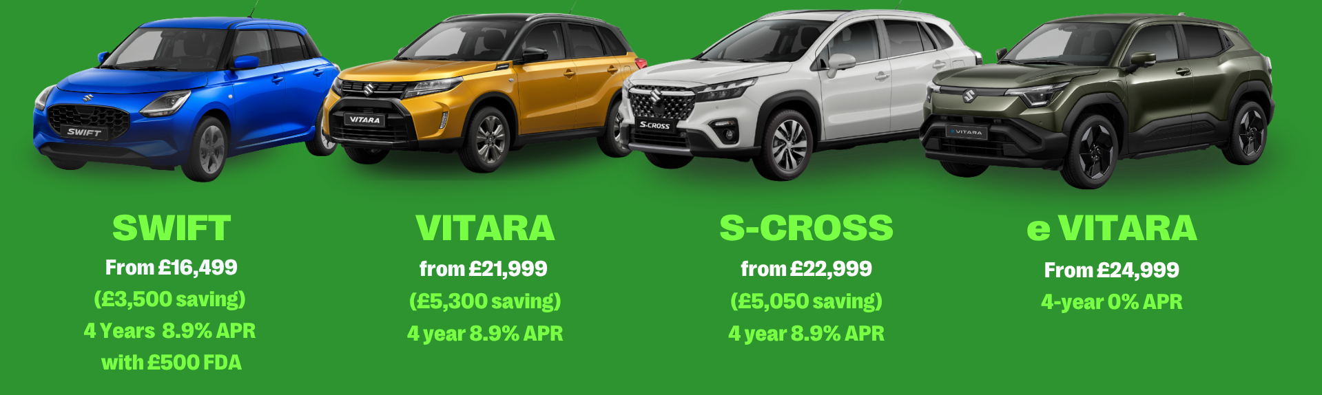Four car models with prices and financing details displayed.