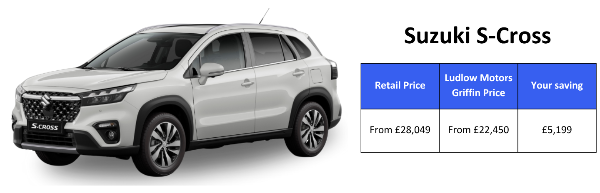 Suzuki S-Cross with price comparison showing savings from Ludlow Motors.
