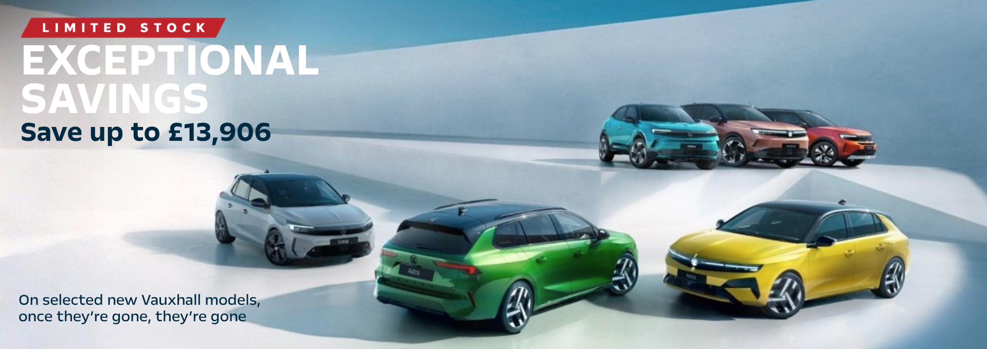 Five Vauxhall cars parked on a white surface with promotional text overlay.
