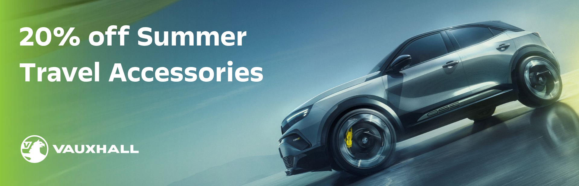 Vauxhall advert with a grey car and text: 20% off Summer Travel Accessories.