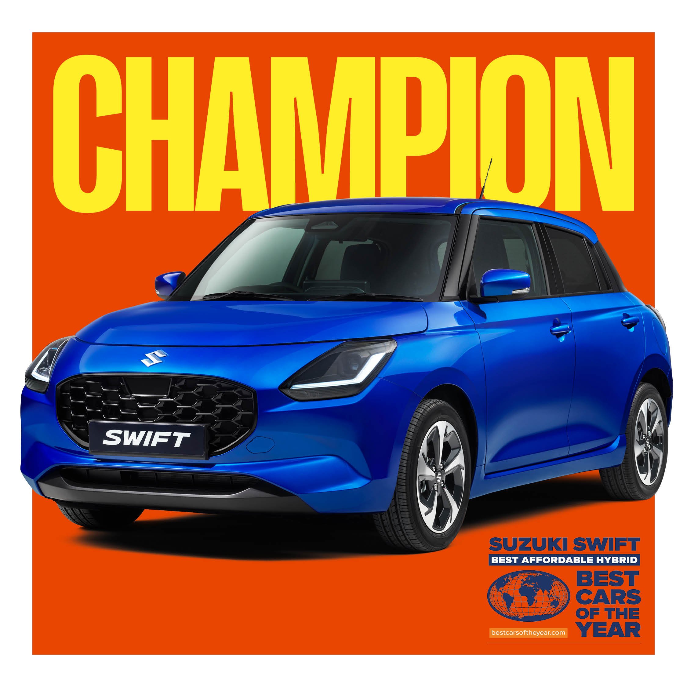 Blue Suzuki Swift car with CHAMPION text above and award logo in corner.