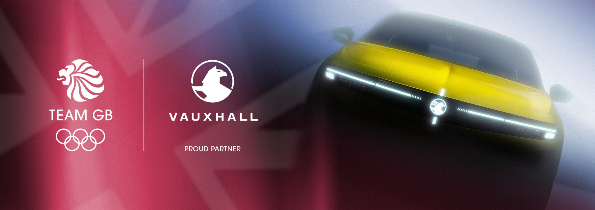 Yellow car with Team GB and Vauxhall logos, Vauxhall is a proud partner.